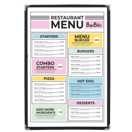 A4 Black American Menu Cover (1 Page 2 Sides) - Pack of 25