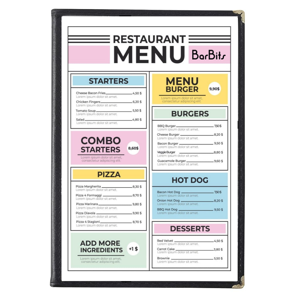 A4 Black American Menu Cover (2 Page 4 Sides) - Pack of 25